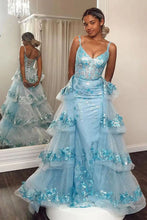 Load image into Gallery viewer, Charming A Line Spaghetti Straps Light Blue Corset Prom Dress with Appliques