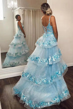 Load image into Gallery viewer, Charming A Line Spaghetti Straps Light Blue Corset Prom Dress with Appliques