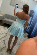 Load image into Gallery viewer, Charming A Line Off the Shoulder Light Blue Corset Homecoming Dress with Pearls