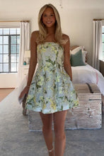 Load image into Gallery viewer, Charming A Line Strapless Light Green Floral Printed Short Homecoming Dress