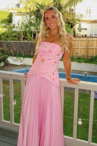Charming A Line Strapless Pink Long Prom Dress with Embroidery