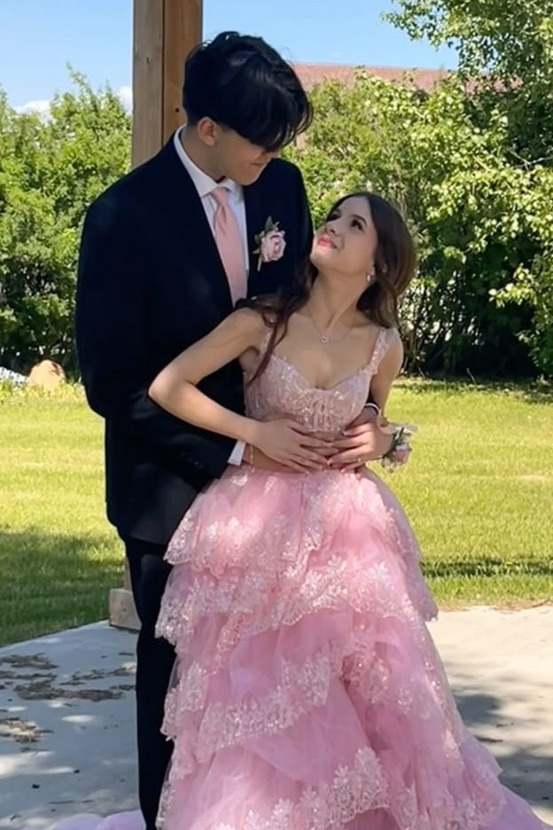 Charming A Line Sweetheart Pink Long Prom Dress with Appliques