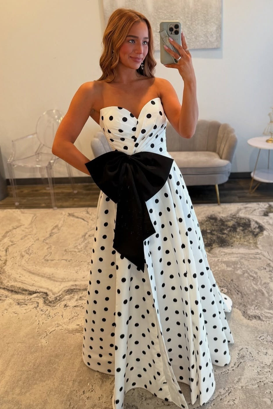 Charming A Line Sweetheart White Polka Dots Long Prom Dress with Bowknot