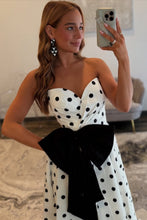 Load image into Gallery viewer, Charming A Line Sweetheart White Polka Dots Long Prom Dress with Bowknot