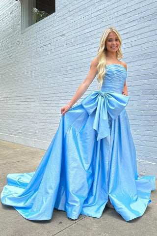 Charming Light Blue A-Line Strapless Court Train Satin Prom Dress with Bowknot