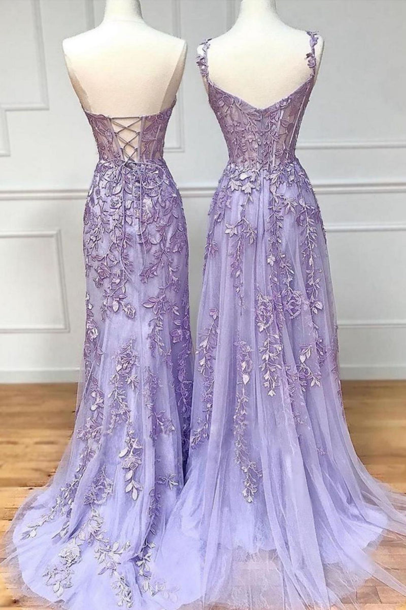 Lilac Strapless Appliques Tulle Mermaid Long Formal Prom Dress, DP4338 main image 1