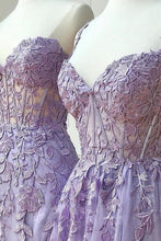 Load image into Gallery viewer, Charming Lilac Mermaid Corset Back Long Prom Dress With Appliques
