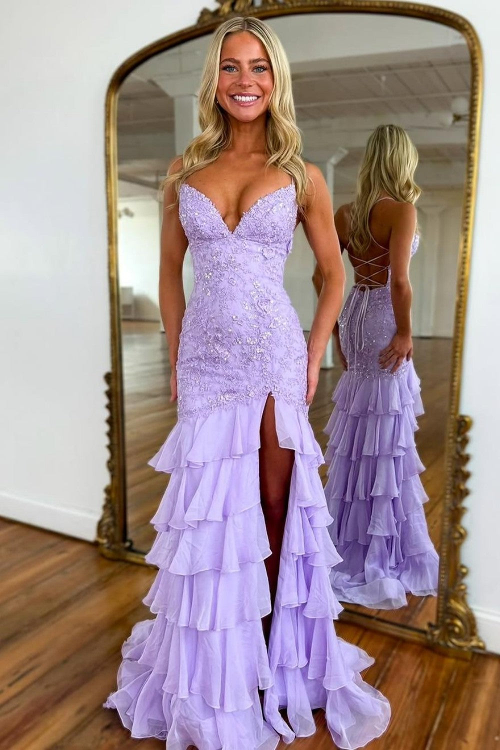 Luuvis Women Stunning Lilac Mermaid Spaghetti Straps Lace Prom Dress with  Ruffle Skirt