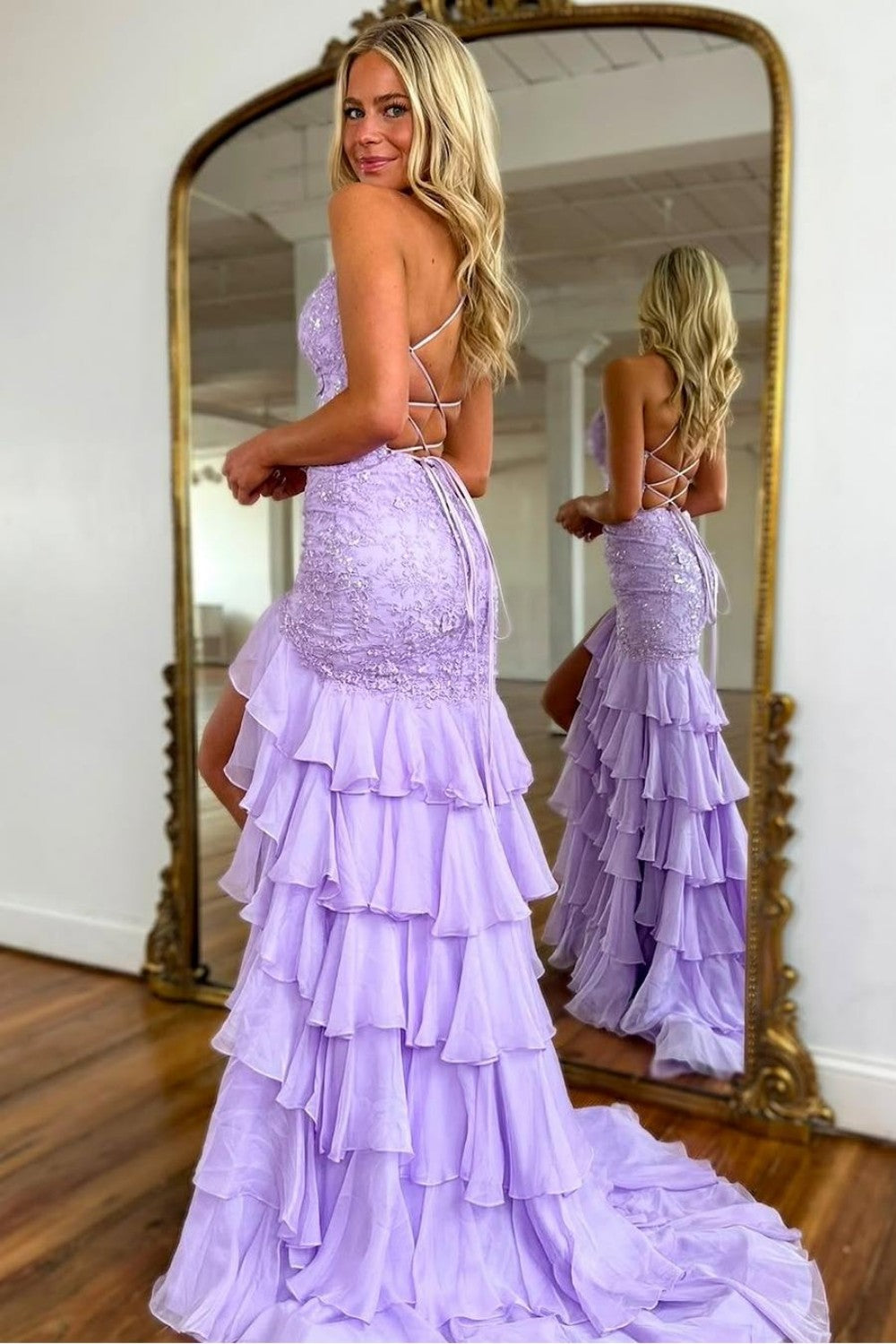 Luuvis Women Stunning Lilac Mermaid Spaghetti Straps Lace Prom Dress with  Ruffle Skirt