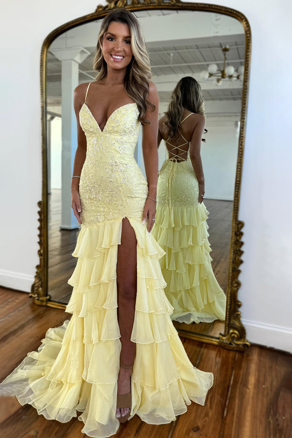 Luuvis Women Stunning Lilac Mermaid Spaghetti Straps Lace Prom Dress with Ruffle Skirt Luuvis Women Stunning Lilac Mermaid Spaghetti Straps Lace Prom Dress with Ruffle Skirt