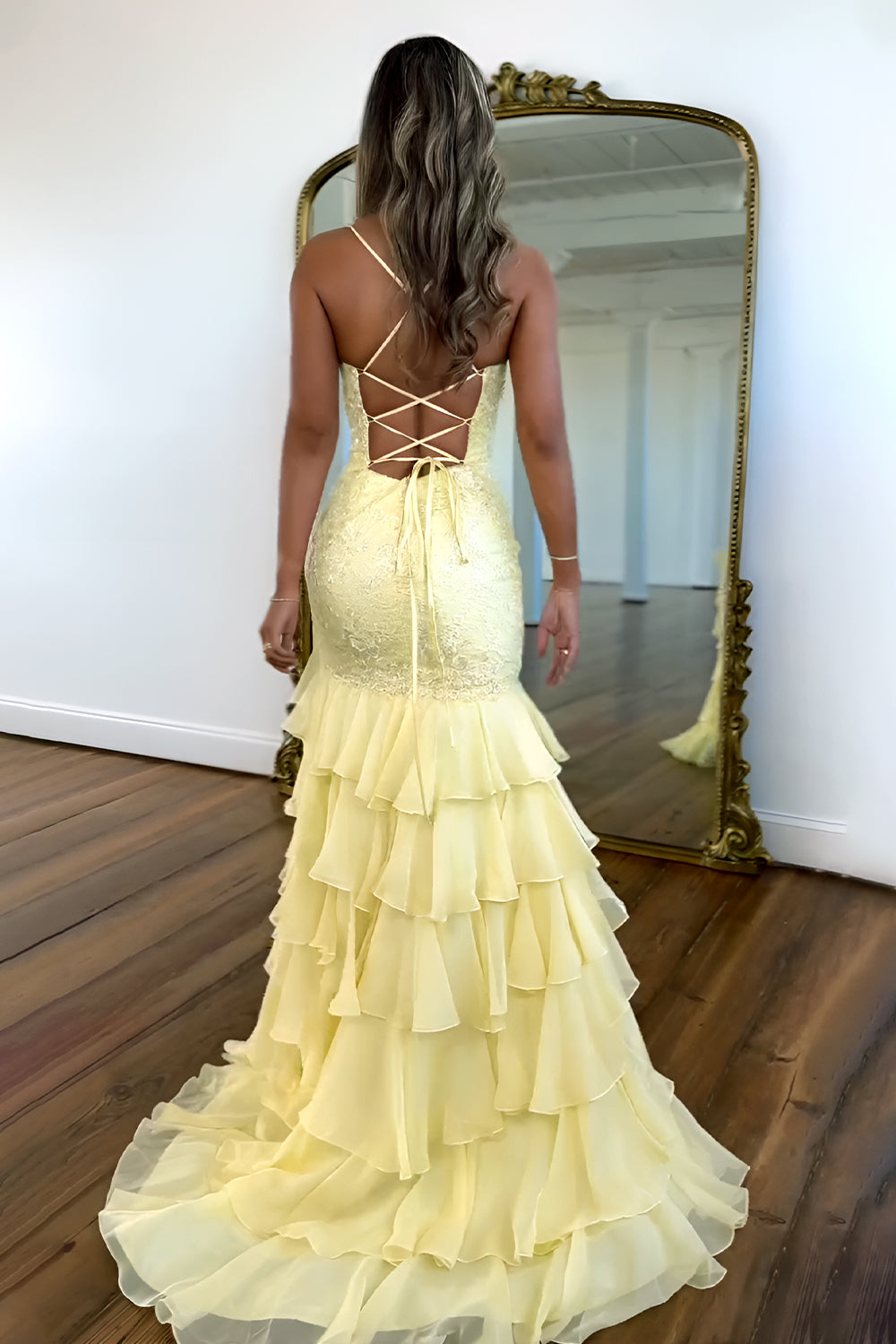 mermaid ruffle bottom prom dress Luuvis Women Stunning Lilac Mermaid Spaghetti Straps Lace Prom Dress with Ruffle  Skirt