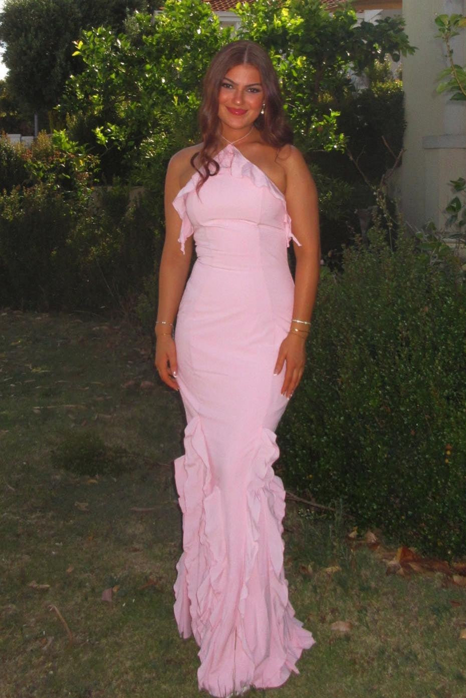 Charming Mermaid Halter Neck Pink Mermaid Long Prom Dress with Ruffles