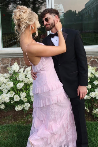 Charming Mermaid Spaghetti Straps Light Pink Long Prom Dress with Ruffles