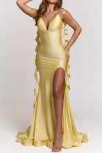 Load image into Gallery viewer, Charming Mermaid Spaghetti Straps Yellow Long Prom Dress with Open Back Ruffles
