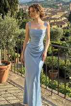 Load image into Gallery viewer, Charming Mermaid Square Neck Grey Blue Long Prom Dress with Criss Cross Back