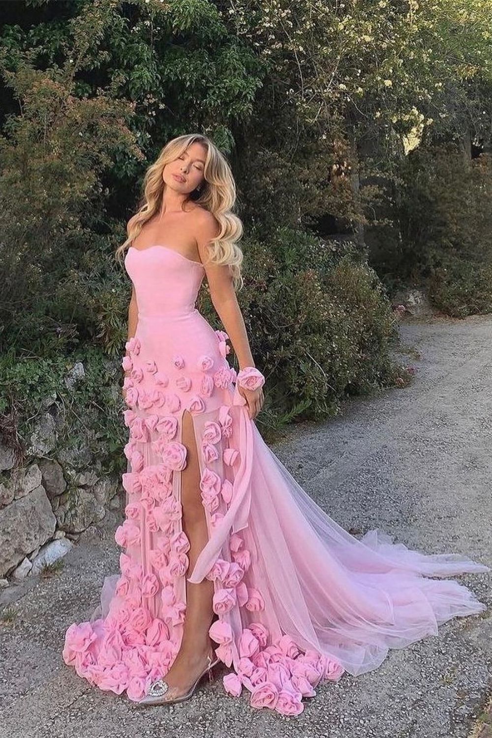 Cute Hot Pink Strapless Tulle beaded Mermaid Prom Dress Long Party Dress SP721 main image 1