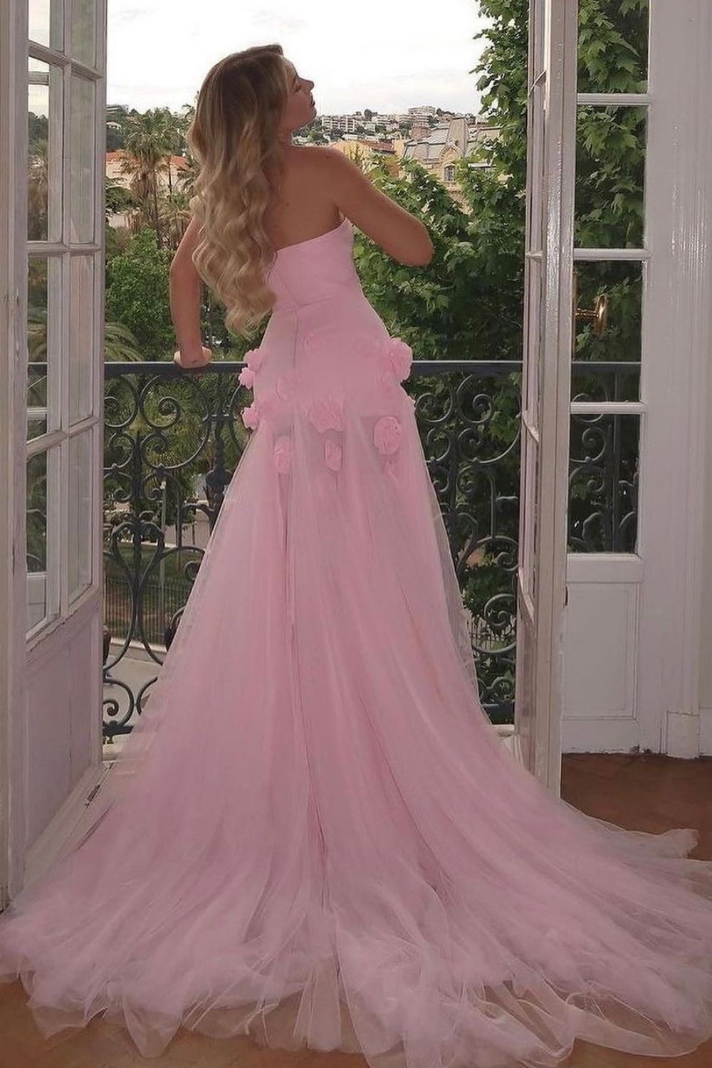 Gallant Mermaid Strapless Flowers Glitter Silver Tulle Purple Long Prom Dress With Bow