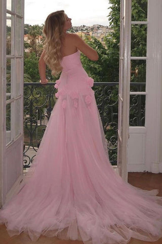 Charming Pink Mermaid Strapless Long Tulle Prom Dress with 3D Flowers