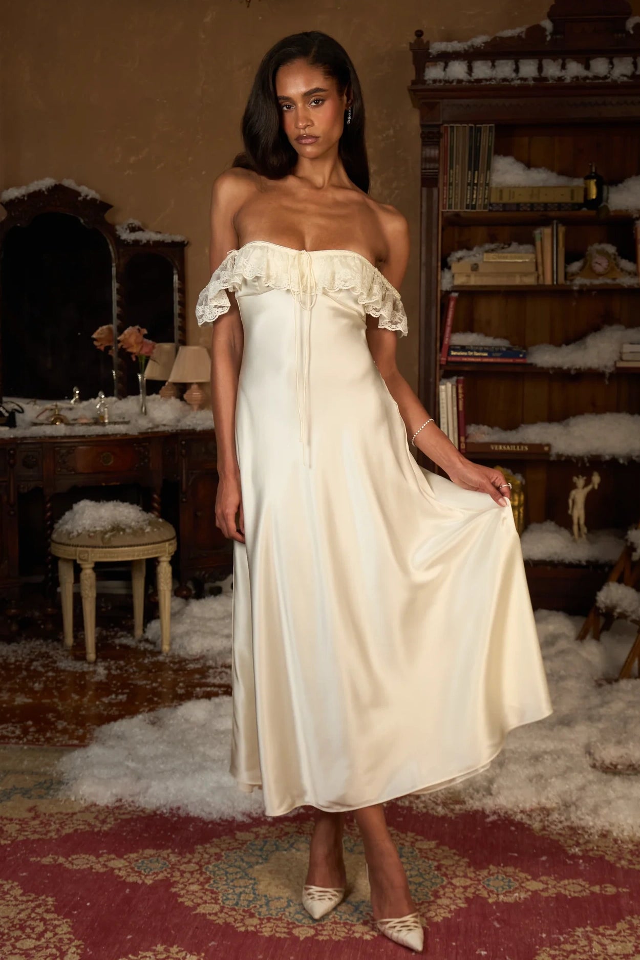 white tea party dress Luuvis Women Length White Charming A Line Off the Shoulder Prom Dress with Lace The Maya Ruched Cowl-Neck Finished at a mini Mid-Century Modern Color:Spritz