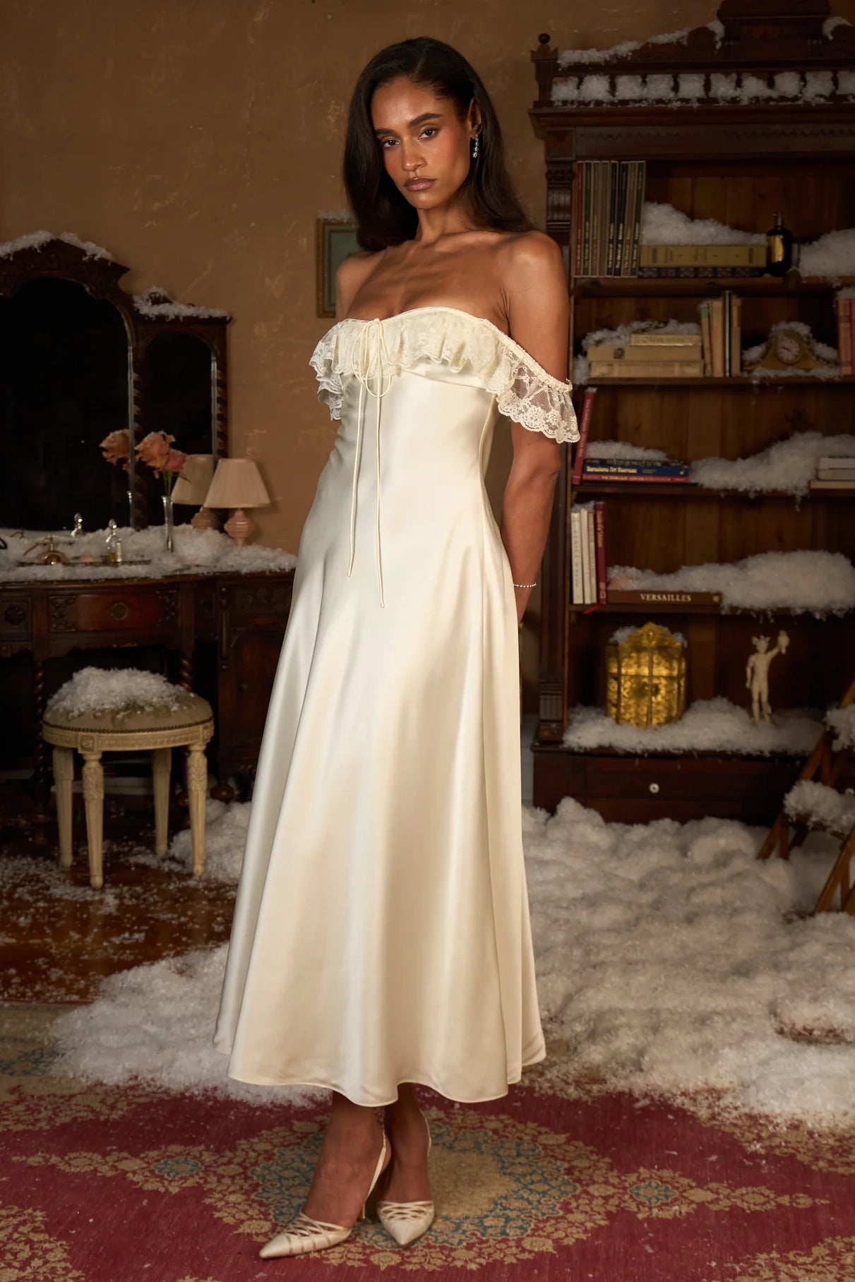 White Tea Party Dress Aline V Neck White Prom Dresses, Satin Tea Length  White Formal