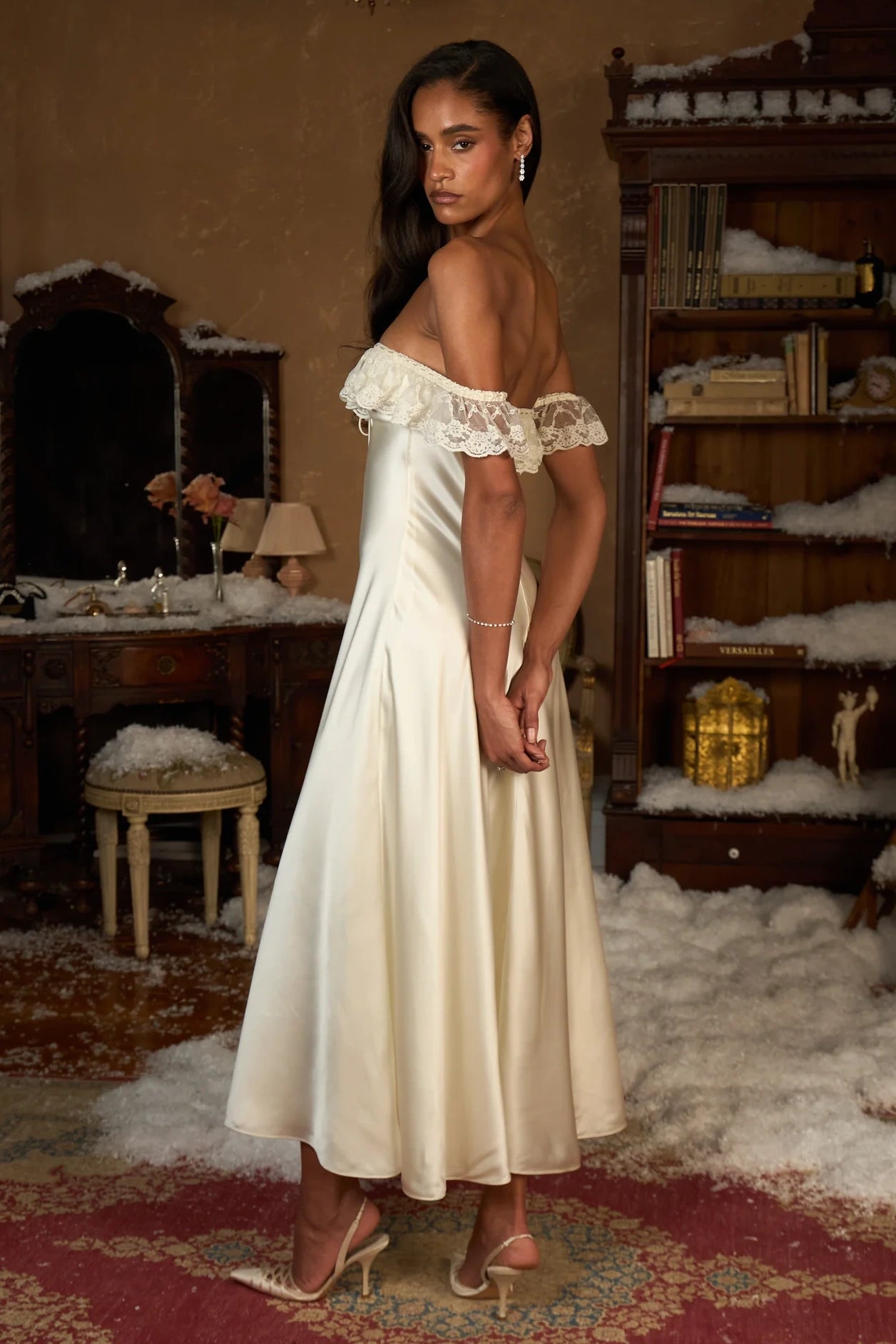 Luuvis Women White Tea Length White Party Dress Charming A Line Off the Shoulder Prom Dress with Lace