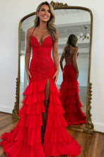 Load image into Gallery viewer, Stunning Lilac Mermaid Spaghetti Straps Lace Prom Dress with Ruffle Skirt
