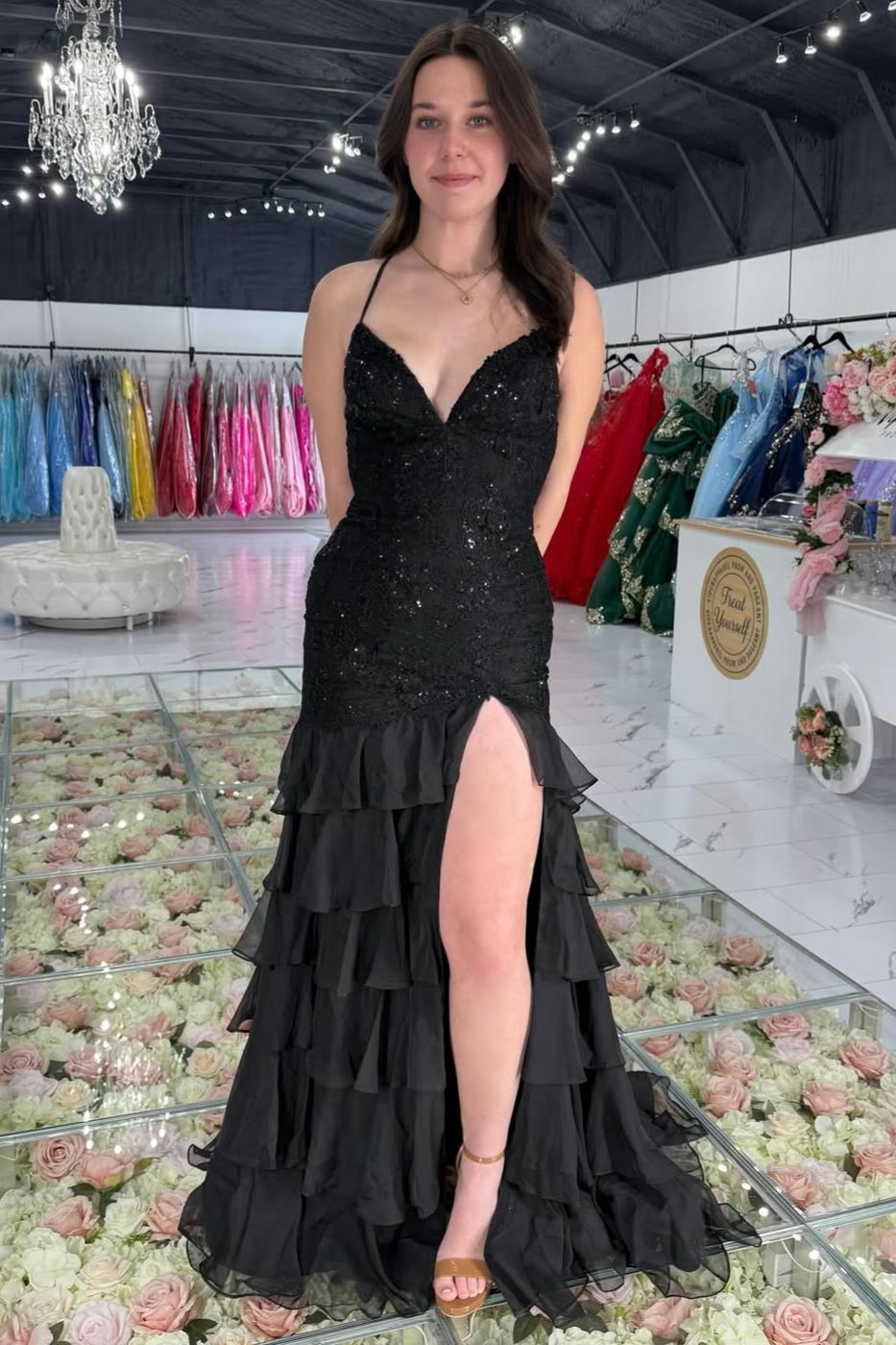 Luuvis Women Stunning Lilac Mermaid Spaghetti Straps Lace Prom Dress with Ruffle Skirt Luuvis Women Stunning Lilac Mermaid Spaghetti Straps Lace Prom Dress with Ruffle Skirt