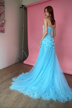 Load image into Gallery viewer, Charming Pink Mermaid Strapless Long Tulle Prom Dress with 3D Flowers
