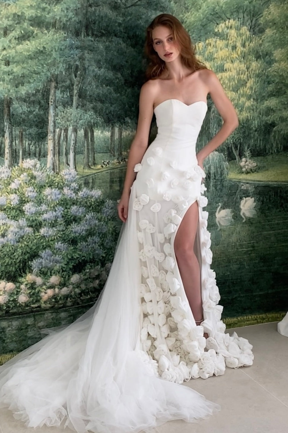 Strapless Mermaid Pink 3D Flowers Prom Dress with Train