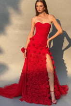Load image into Gallery viewer, Charming Pink Mermaid Strapless Long Tulle Prom Dress with 3D Flowers
