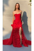 Load image into Gallery viewer, Charming Pink Mermaid Strapless Long Tulle Prom Dress with 3D Flowers
