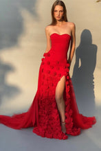 Load image into Gallery viewer, Charming Pink Mermaid Strapless Long Tulle Prom Dress with 3D Flowers
