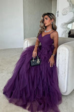 Load image into Gallery viewer, Chic A-Line Purple Spaghetti Straps Backless Long Ruffle Tulle Party Dress

