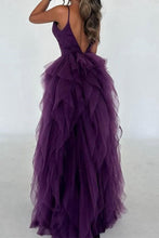 Load image into Gallery viewer, Chic A-Line Purple Spaghetti Straps Backless Long Ruffle Tulle Party Dress
