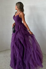 Load image into Gallery viewer, Chic A-Line Purple Spaghetti Straps Backless Long Ruffle Tulle Party Dress
