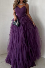 Load image into Gallery viewer, Chic A-Line Purple Spaghetti Straps Backless Long Ruffle Tulle Party Dress
