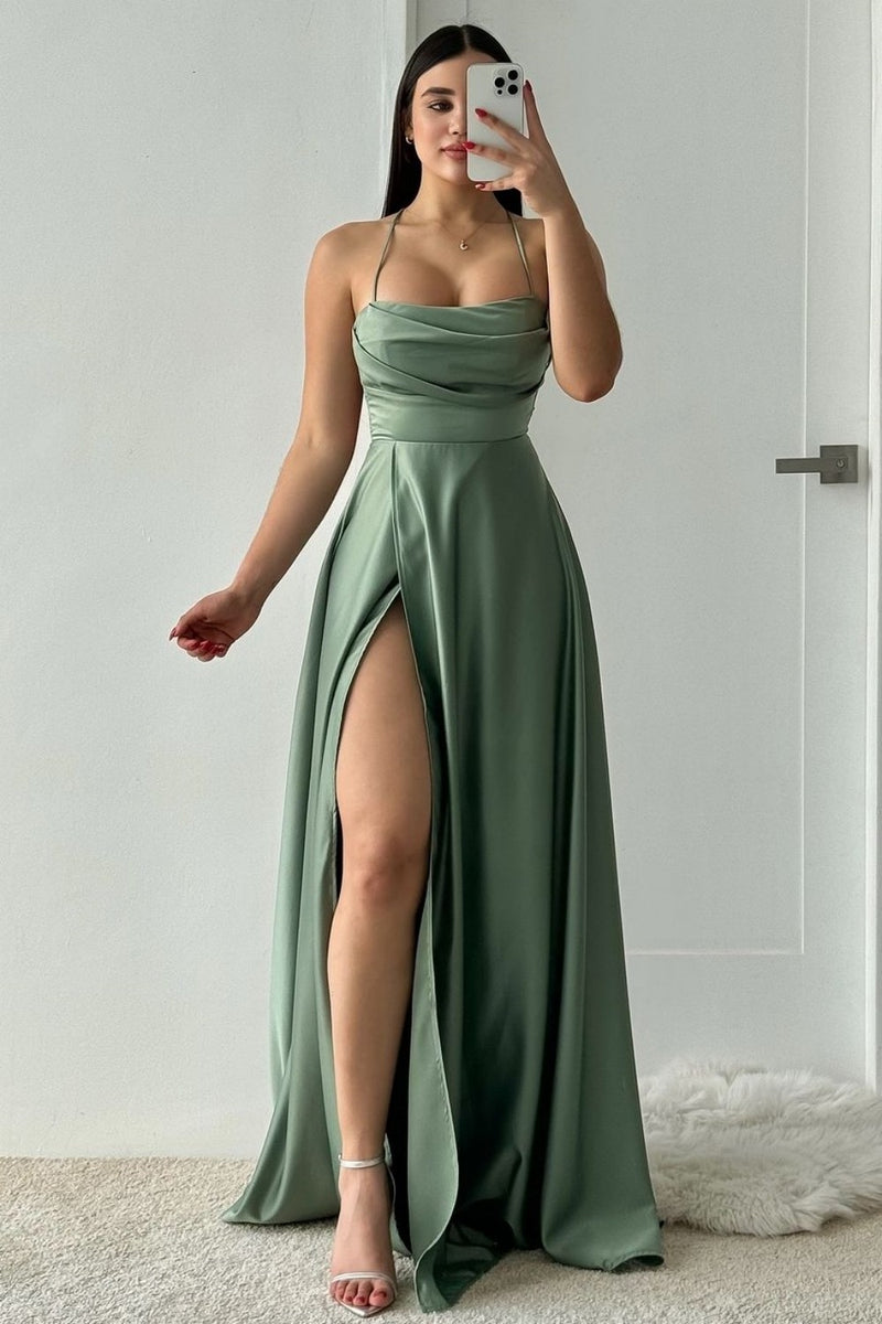 Spaghetti Straps A Line With Beads Satin Prom Dresses LBQ3756 main image 1