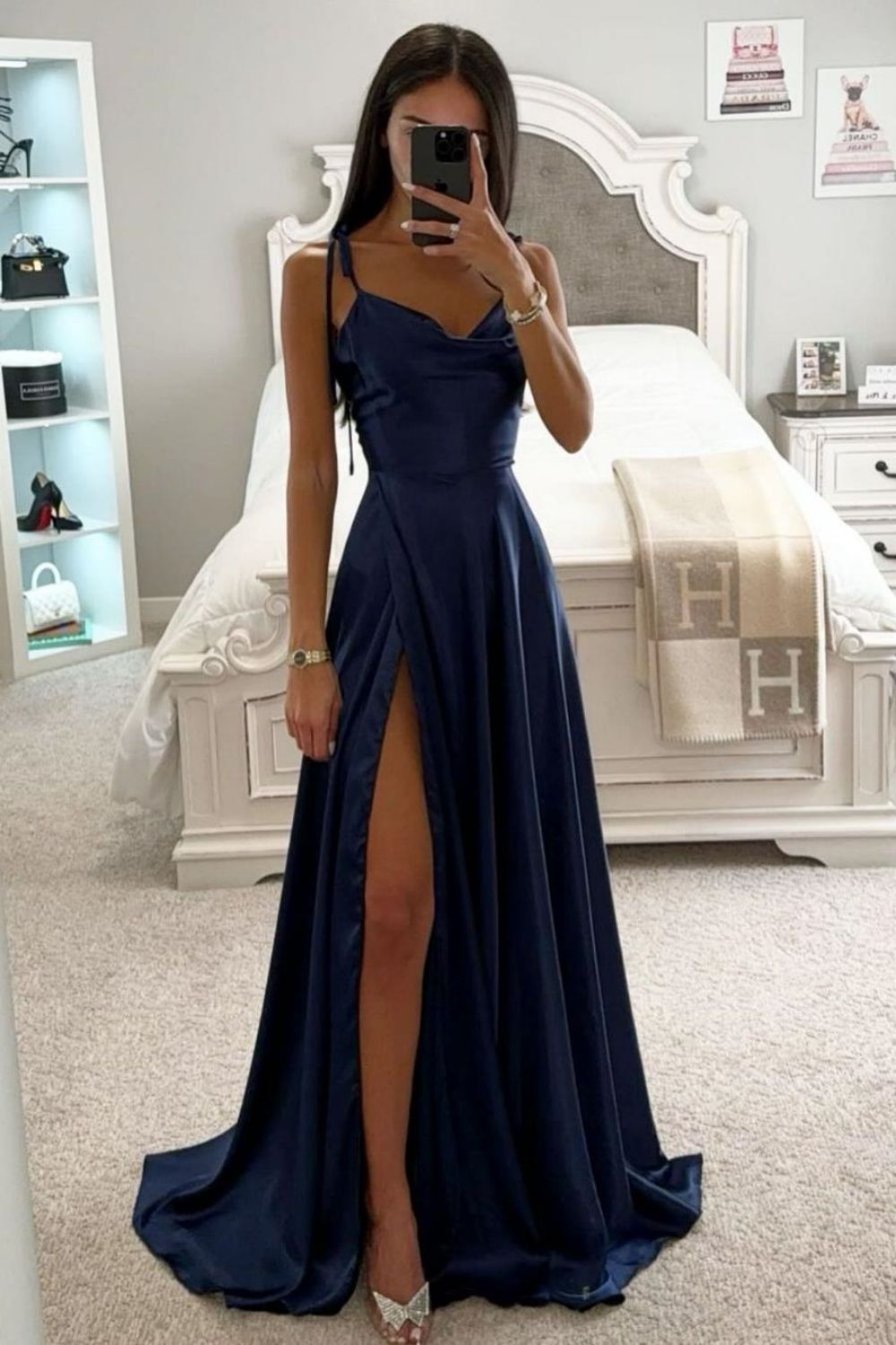 Luuvis Chic A-Line Tie Strap Long Satin Prom Party Dress With Split