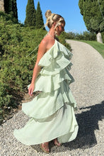 Load image into Gallery viewer, Chic A Line Halter Neck Light Green Long Prom Dress with Ruffles
