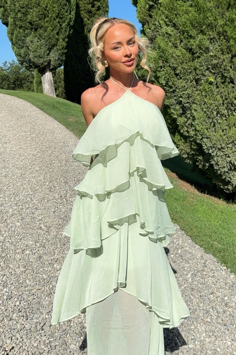Luuvis Women Light Green Long Prom Dress Chic A Line Halter Neck Formal Dress with Ruffles Luuvis Women Light Green Long Prom Dress Chic A Line Halter Neck Formal Dress with Ruffles