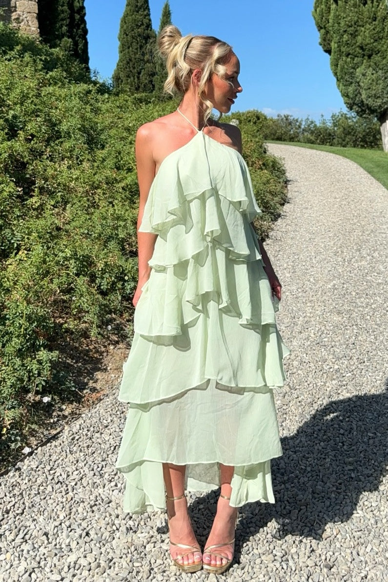 Luuvis Women Light Green Long Prom Dress Chic A Line Halter Neck Formal Dress with Ruffles Luuvis Women Light Green Long Prom Dress Chic A Line Halter Neck Formal Dress with Ruffles