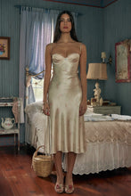 Load image into Gallery viewer, Chic A Line Spaghetti Straps Light Champagne Printed Tea Length Party Dress with Ruffles
