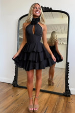 Load image into Gallery viewer, Sophisticated A Line Halter Neck Black Short Homecoming Dress with Appliques Ruffles
