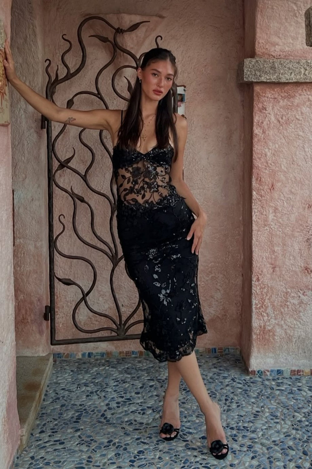 Chic Black Sheer Lace Midi Homecoming Dress with Floral Appliqué and Spaghetti Straps