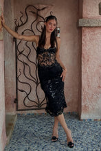Load image into Gallery viewer, Chic Black Sheer Lace Midi Homecoming Dress with Floral Appliqué and Spaghetti Straps