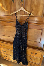 Load image into Gallery viewer, Chic Black Sheer Lace Midi Homecoming Dress with Floral Appliqué and Spaghetti Straps