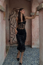 Load image into Gallery viewer, Chic Black Sheer Lace Midi Homecoming Dress with Floral Appliqué and Spaghetti Straps