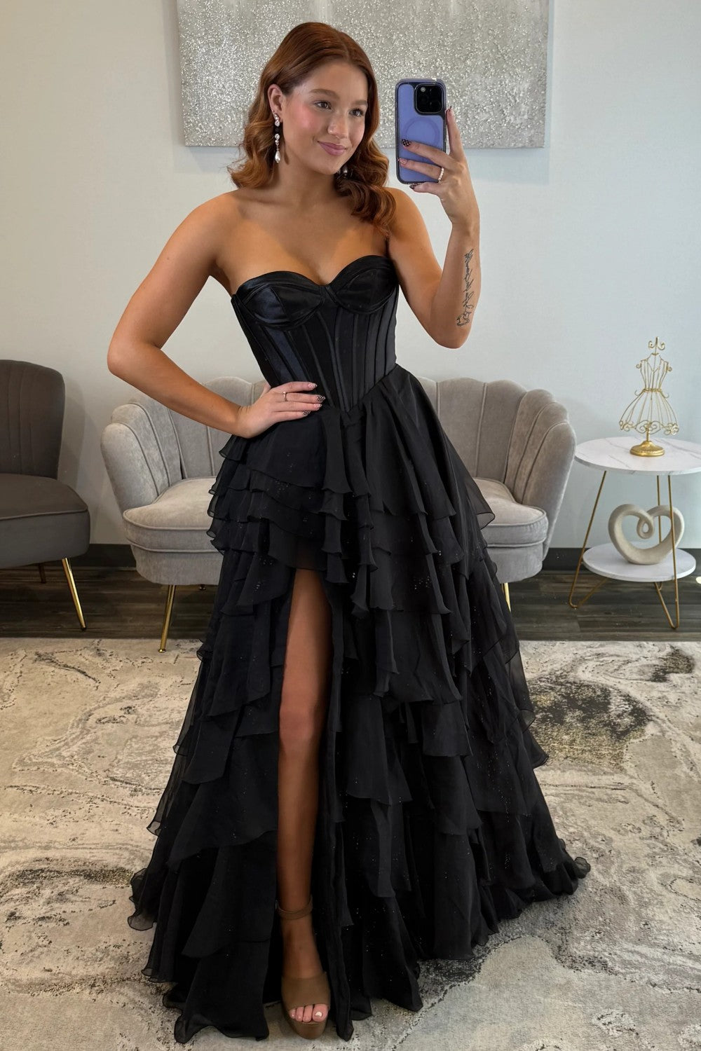 Elegant A Line Sweetheart Black Corset Prom Dress with Ruffles