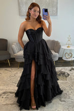 Load image into Gallery viewer, Elegant A Line Sweetheart Black Corset Prom Dress with Ruffles