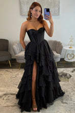 Load image into Gallery viewer, Elegant A Line Sweetheart Black Corset Prom Dress with Ruffles